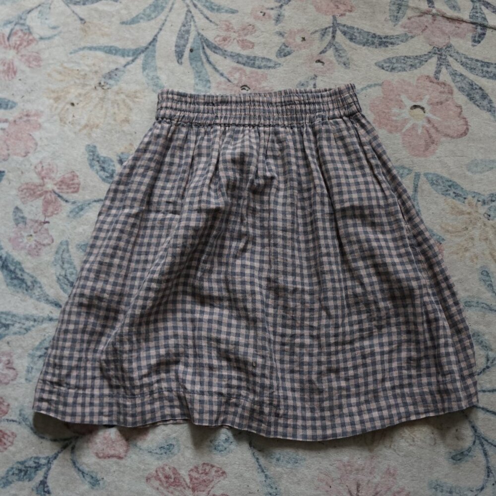 notPERFECTLINEN SION gathered linen skirt M/L pink/slate gingham - 24 in long
